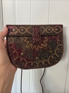 Vintage Hashimoto Beaded Embroidered Evening Crossbody Bag | Burgundy Gold
